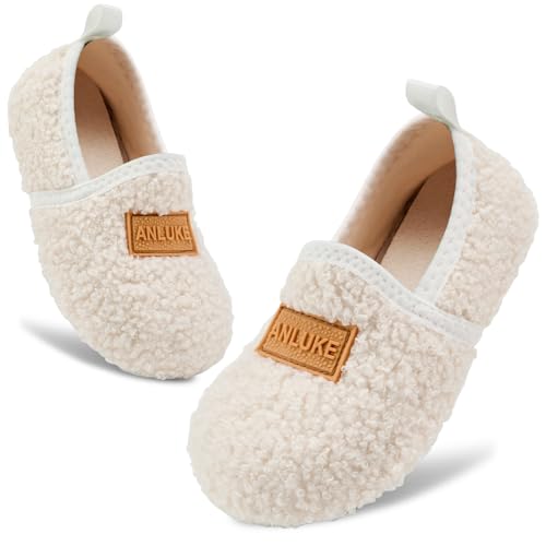 ANLUKE Kids Toddler Slippers Boys Girls Indoor House Shoes Non-Slip Slippers Socks Outdoor Warm Walking Shoes Beige 18/19