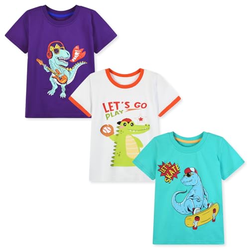 Image of HILEELANG Toddler Boy Short Sleeve Tee Shirts Summer Cotton Casual Graphic Crewneck Tshirt Packs