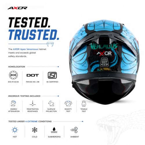 Image of Axor Apex Venomous ISI ECE DOT Certified Full Face Dual Visor Helmet for Men and Women with Pinlock Fitted Outer Clear Visor and Inner Smoke Sun Visor Black Neon Blue(XL)