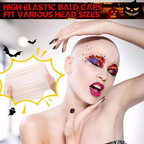 Bald Cap Halloween Makeup Kit for Men & Woman - Complete Bald Cap Set with Professional Halloween Costumes Spirit Gum Adhesive & Remover for Cosplay, SFX Makeup, Dress-Up Party, Stage, Theater & Film