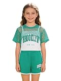 JEATHA Fille Ensemble De Sport Top Crop Et Shorts Tenue Danse Hip-hop Spectacle Été Survêtement De Badminton Tennis Vert 11-12 ans