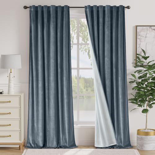 Image of Extra Long Dark Slate Velvet Curtains Back Tab 52x108 Inch 2 Panels | Blackout, Lined, Soft Velvet, For Tall Windows & High Ceilings, Light Shifting Texture, Elegant Luxury Drape, Serene