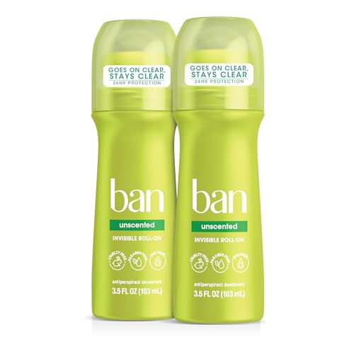 Ban Invisible Roll-on Antiperspirant Deodorant for Women and Men, 24-hour Underarm Odor & Sweat Protection, Unscented, 3.5 Oz, Pack of 2