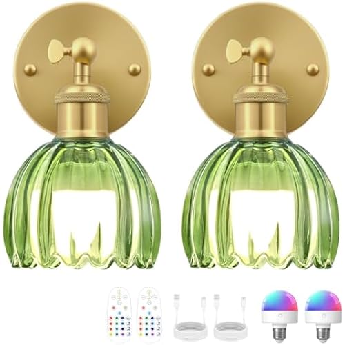 Vintage Battery Operated Wall Sconce, Green Tulip Glass Lampshade Wireless Rechargeable Battery Powered LED Wall Light with Remote Dimmable for Bedside Bedroom Doorway Living Room, Set of 2