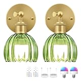 RIDALUX Vintage Battery Operated Wall Sconce, Green Tulip Glass Lampshade Wireless Rechargeable Battery Powered LED Wall Light with Remote Dimmable for Bedside Bedroom Doorway Living Room, Set of 2