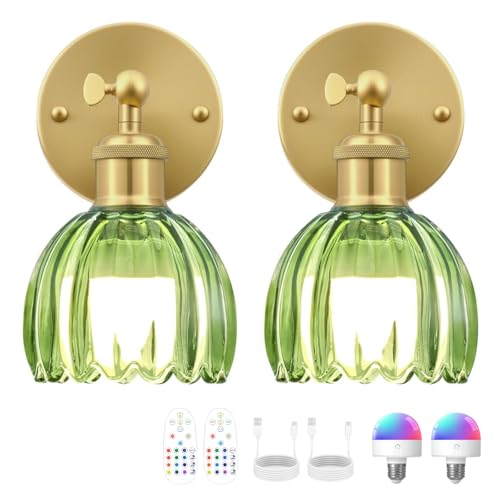 Image of Vintage Battery Operated Wall Sconce, Green Tulip Glass Lampshade Wireless Rechargeable Battery Powered LED Wall Light with Remote Dimmable for Bedside Bedroom Doorway Living Room, Set of 2