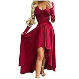 Abendkleider Frauen Spitzen Partykleid V-Ausschnitt Langarm High Waist Unregelmäßiger Saum Bodenlang Ballkleid Vorne Kurz Hinten Lang Cocktailkleid Eleganter Tunikakleid Wickelkleid