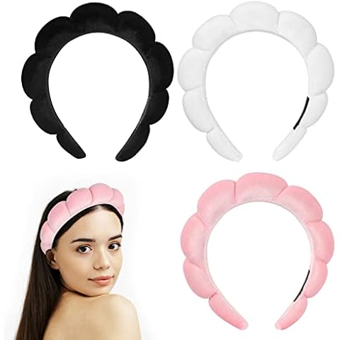 CLIUNT 3 Pack Spa Headband for Women, Puffy Makeup Headband for Washing Face, Fabric Hair Band Sponge Spa Headband for Washing Face, Makeup Removal, Shower, Skincare, Yoga (Black+White+Pink) Cover