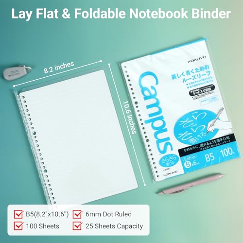 Image of Kokuyo Campus 3 Pack Spiral Binder Notebooks, B5 Refillable Notebooks Smart Ring Binder 25 Sheets Capacity Each, with 100 Sheets 6mm Dot Ruled Filler Paper, Ideal for Work, Study & Journal,Vivid Color