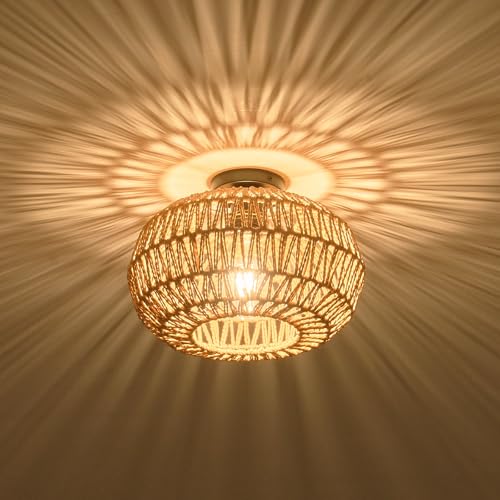 NUODIFAN Boho Rattan Deckenlampe 30cm Handgeflochten E27 Lampenfassung Vintage Bambus Deckenleuchte für Schlafzimmer Wohnzimmer Flur