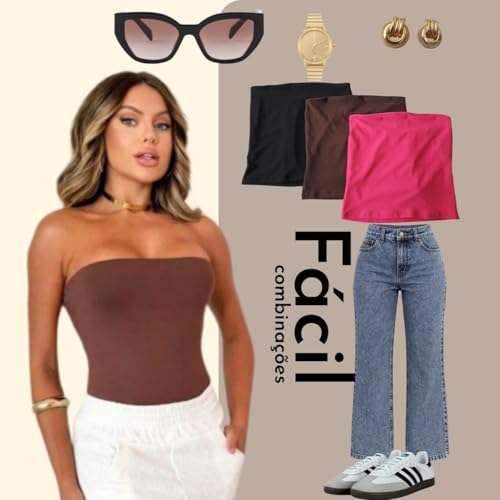 Kit 2 Top Tube Cropped Dupla camada Suplex Blogueira Tops Tomara que Caia Femininos – Poliamida com