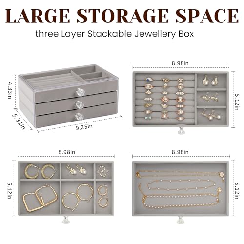 CHARMDI Acrylic Jewellery Box for Women with 3 Drawers, Girls Jewellery Storage with Dividers,Organiser box for Rings Bangle Bracelet Necklace and Earring Grey - Cosy Home Interiors CHARMDI Acrylic Jewellery Box for Women with 3 Drawers, Girls Jewellery Storage with Dividers,Organiser box for Rings Bangle Bracelet Necklace and Earring Grey - Image 2