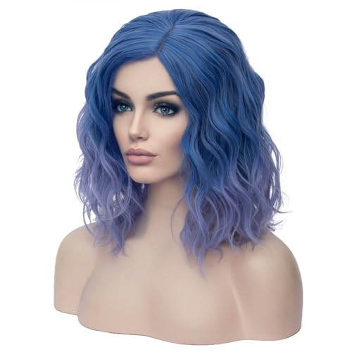 Image of BERON Blue Wigs for Women Short Curly Wavy Wig Girls Blue Ombre Colored Heat Resistant Synthetic Hair Wig for Costume Cosplay Party or Daily Use
