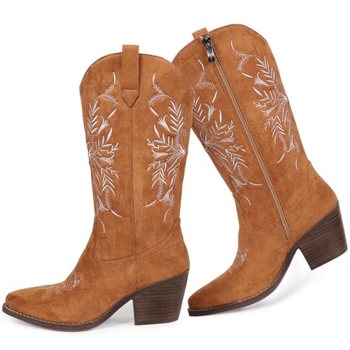Cowboy Boots for Women Classic Embroidered Pointy Toe Cowgirl Boot, Western Mid Calf Side Zipper Chunky Heel Cowgirl Boots