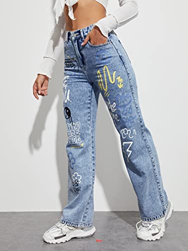 Floerns Women's Pattern Printed High Waist Wide Leg Straight Denim Jeans Pants3