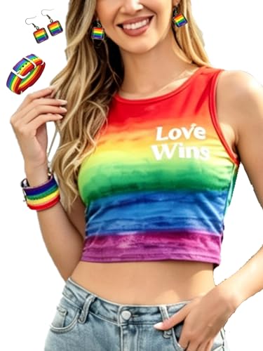 Leevuyu Women Rainbow Crop Top Pride Outfits Gay Lesbian LGBT Sleeveless Tank Top with Earrings and Bracelet