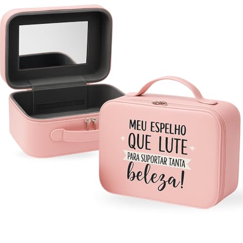 Maleta Organizadora de Maquiagem com Espelho, Forro Macio, Espaço Amplo sem Divisórias, Elásticos Internos e Alça – Ideal para Viagens e Rotina de Beleza – Three Brothers (Maleta Maquiagem Rosa)