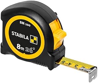 STABILA BM 100 Pocket Tape Measure 8 m Metric Scale Shatterproof ABS Housing Movable Start Hook Belt Clip MID Accuracy, black/yellow