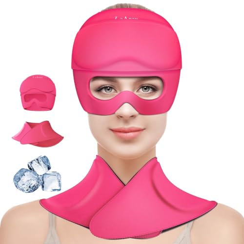 Image of 3 in 1 Migraine Relief Cap Neck Ice Pack Wrap Gel and Ice Eye Masks, Detachable Ice Caps with Eyes Masks, Hot and Cold Therapy for Relief of Headaches, Stiff Neck and Eye Fatigue (Rose red)