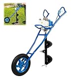 HUOMMGS 63CC 2,2KW Erdbohrer Benzin Erdlochbohrer mit 300mm Spitzen, Rädern 2 Takt Motor Handschiebe Benzin Pfahlramme Professionell Gärtenerdbohrer Obstgartenerdbohrer für Bauindustrie (Blau)