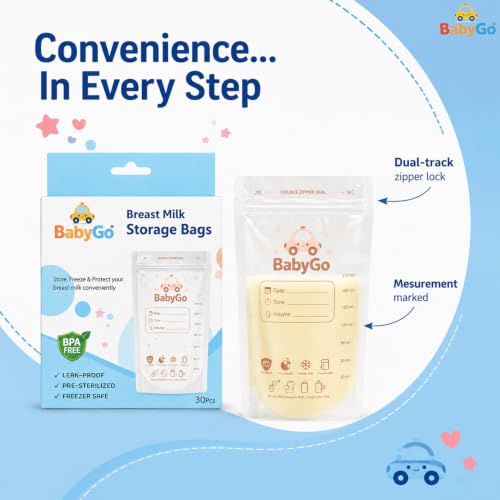 Image of BabyGo Breast Milk Storage Bags Pack of 30 | Leak Proof Zip Lock Bags 200ml