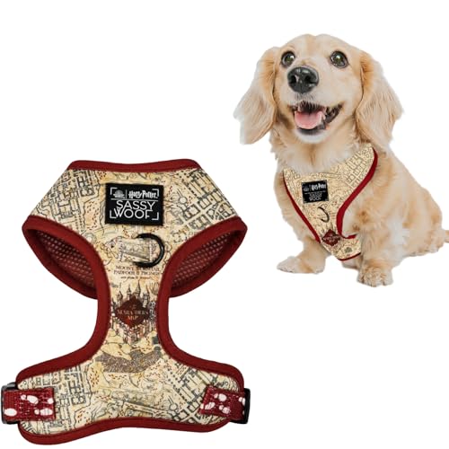 Sassy Woof Dog Adjustable Harness - Harry Potter Marauders Map - XS Breathable Mesh No Pull Design with Two D-Rings Perfect for Small Dogs and Puppies - Officially Licensed