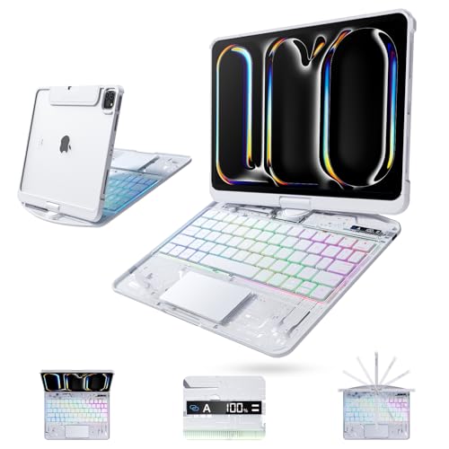 Image of Clear Wireless Keyboard Case for iPad Pro 11 Inch (M5 /M4) 2025 /2024 with Pencil Holder & Multi-Touch Trackpad, Visible PCB, 3-Brightness & 7-Color Backlight, 360 Rotating Stand,White