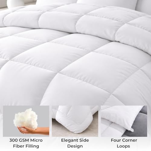Image of Dreamzee 300 GSM Ultra-Soft Quilted Microfiber AC Comforter Queen Size (White, 90x60 Inches) | Lightweight, Reversible Duvet for Winters | All-Season Blanket for Bedroom