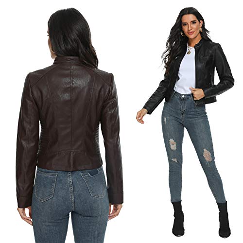 Fahsyee Women's Faux Leather Jacket, Moto Biker Antique-Finished Slim Vegan Motorcycle Zipper Coat Outwear, Black, Size S #TOP3