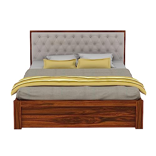 Image of Ganpati Arts Solid Sheesham Wood Decan King Size Bed with Hydraulic Storage and Upholstery Headboard (Natural Finish)