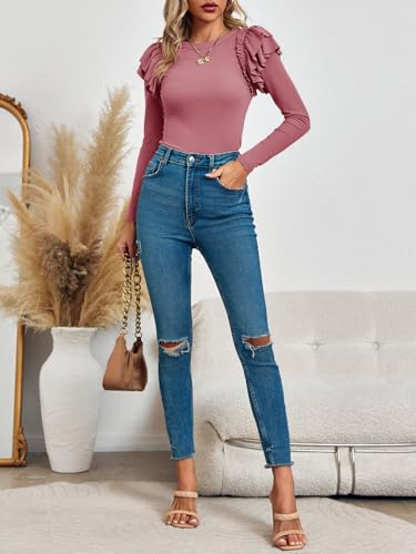 Image of Tankaneo Womens Ruffle Long Sleeve Shirts Fitted Ribbed Knit Tops Fall Casual Crew Neck Tees