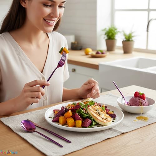 Image of Slim Handle Pink 24 Pcs Stainless Steel Cutlery Set for Dining Table, Dishwasher Safe Glossy Flatware (6 Spoon Set+6 Forks Set+6 Butter Knife+6 Dessert Spoon)