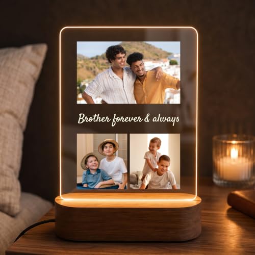 Image of Giftplease Personalized Custom Photo Acrylic Night Light - Engraved Led Picture Lamp with Wooden Base, Multi-Photo Collage Table Lamp, Custom Brother Forever Gift for Birthday, Anniversary, Rakhi