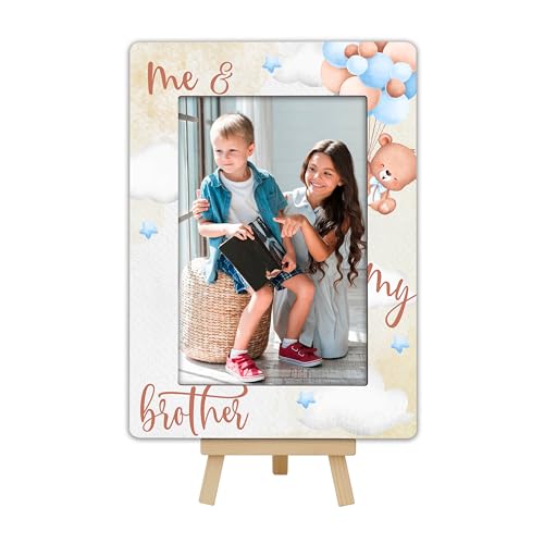 OXRUN Bear Balloons Photo Frame, Me & My Brother Wooden Picture Frame with Easel, 4x6 Photo Insert, Newborn Gifts, Nursery Decor - A07
