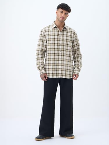 Image of The Souled Store: Blue Sails Men and Boys Long Sleeve Collared Neck Button Front Blue and Cream Checked Embroidered Regular Fit Cotton Linen Shirt
