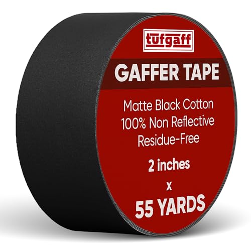 TufGaff Professional Black Gaffers Tape, Heavy Duty, Gaffer No Residue, Matte Non-Reflective, Residue-Free, Multipurpose, Water-Resistant, Strong Fabric Floor Tape (2 inch x 55 Yards) Black