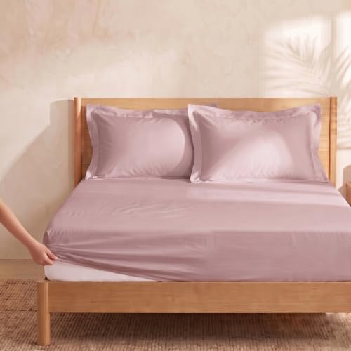 Image of Huesland 300 TC Premium 100% Pure Cotton Luxe Soft Touch Fitted Single Size Bedsheet Cotton with 2 Pillow Covers | Cameo Pink | 36 x 78 Inches