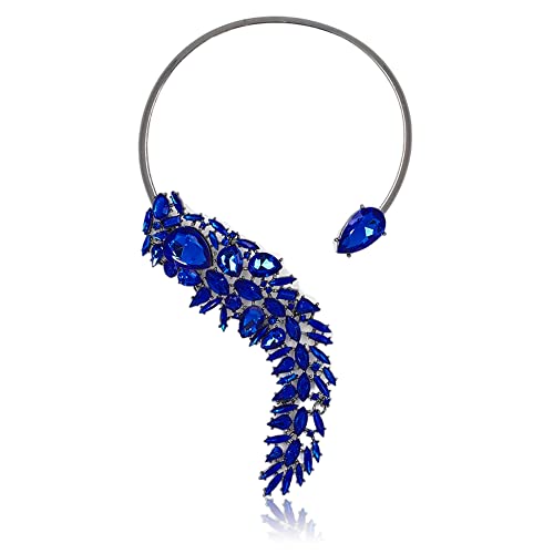 Royal Blue Chunky Necklaces Halloween Costume Jewelry for Women - Crystal Feather Open Collar Necklace with Navy Blue Stone,Christmas Gifts