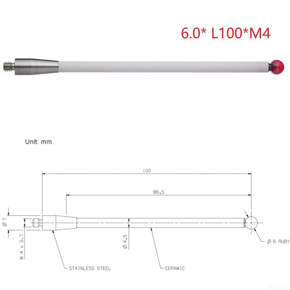 Renishaw A-5000-3712 CMM - Sonda tattile M4 con manico filettato in ceramica, punta a sfera, punta da 6 mm, 4 pezzi, lunghezza 100 mm