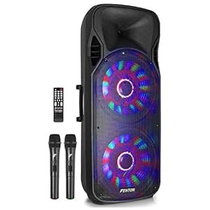 Fenton FT215LED actieve luidsprekers – 2 x 15 “woofers, uitgangsvermogen: 1600 W, Bluetooth / USB / SD / MP3 / AUX-In / Guitar-In, LED-show in de woofer, oplaadbare batterij, afstandsbediening, incl. 2 x UHF-microfoon