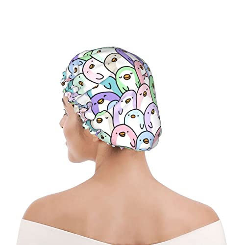 Cute Colorful Penguins Shower Cap Women Waterproof Reusable Peva Lining Adjustable Elasticized Hem For All Long Hair Bath Hat #TOP7