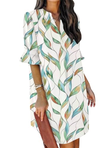 QACOHU Summer Dresses for Women V Neck Ruffle Short Sleeve Casual Shift Dress