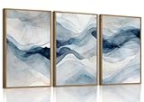 myusuar 3 Piece Large Abstract Framed Wall Art For Living Room, Smoke Texture Ink Navy Blue Canvas Wall Art Modern Minimalist Art Prints Wall Décor For Bedroom Office 12x16in