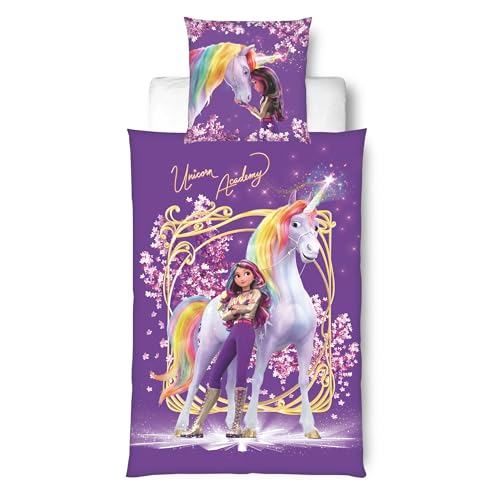 MTOnlinehandel Bettwäsche Unicorn Academy 135x200 - Kinder Geschenkidee, 1x Kissenbezug 80x80 + Bettbezug 135x200, mit Reißverschluss - Sophia &...