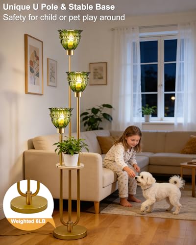 Image of Lightdot 3-Lights Glass Floor Lamp for Living Room Modern Gold Floor Lamp with Green Glass Shade 3000K Bulbs Included Tall Standing Lamp with 5Lb Heavy Base for Bedroom /Sofa Corner Decor-Foot Switch