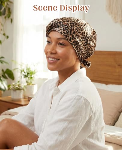 PASDUCHAS 2-In-1 Wrap Cap Hair Net and Scarf, 2 Packs Silk Press Wrap Pink & Leopard Print Bonnet for Hair Care, Shower Cap, Neck Scarf and Fashionable Shawl