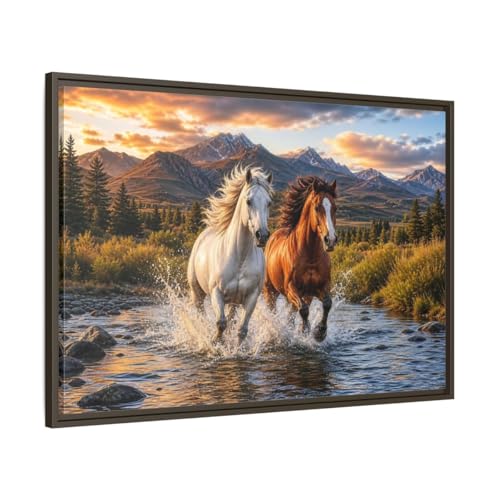 Tableau animaux chevaux sauvages 90x60 cadre espresso 1.25 inch grand format horizontal