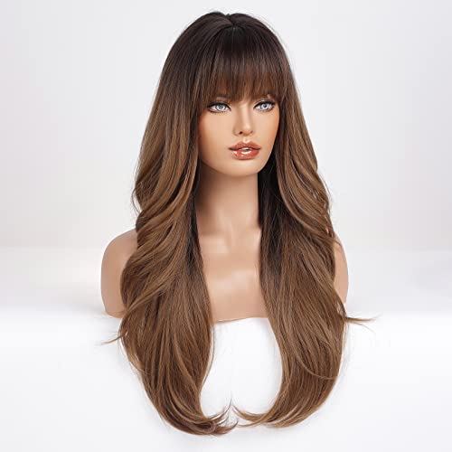 HAIRCUBE Ombre Brown Wigs with Bangs Synthetic Women's Wig Long Wavy Layered Heat-Resistant Wig for Daily Use Natural and comfortable