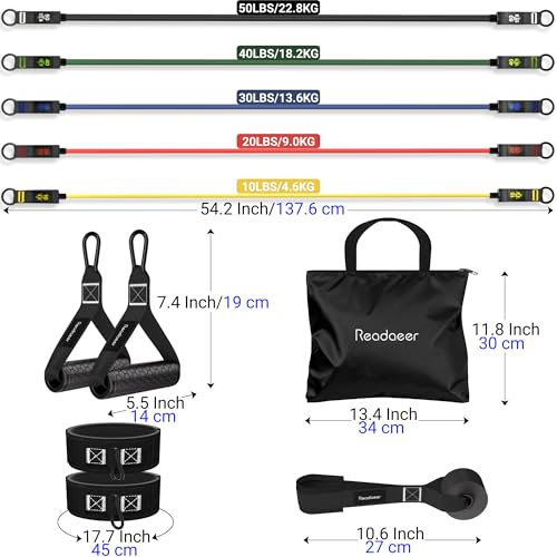 Fitness Widerstandsbänder Set – 5er Set Trainingsbänder mit Griffen, Türanker, Knöchelriemen & Poster – 70 KG/150 lbs Latex Expander für Krafttraining & Zuhause Workout
