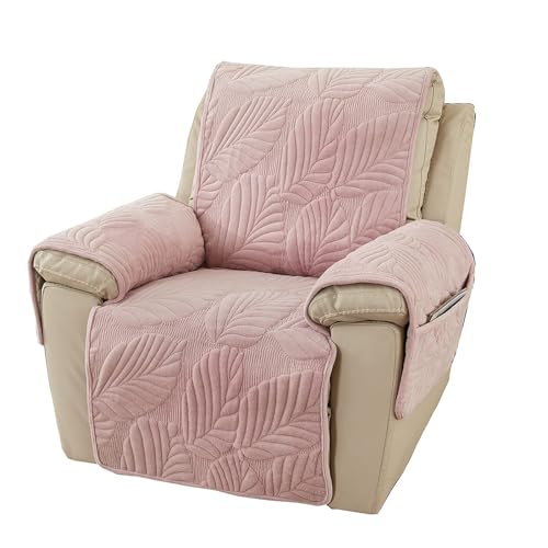 Velvet Plush Quilted Recliner Chair Cover, Palm Leaves Design Anti-Slip Super Soft Furniture Protector Slipcover with Elastic Straps for Kids, Pets, Dogs (Pink)